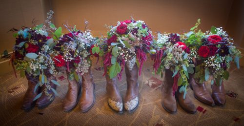 Wedding boots and bouquet