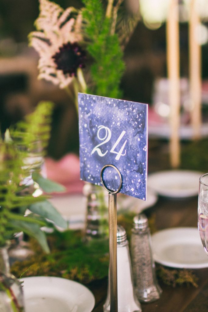 table number with night sky as background. Night sky wedding.