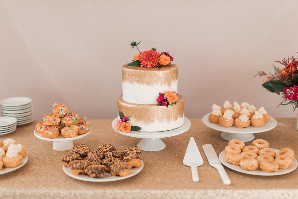 Devon + Billy Mountain Wedding Garden wedding cake and donuts display