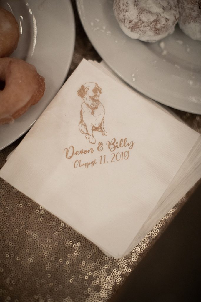 Devon + Billy Mountain Wedding Garden cocktail napkins with name, date, and image of a dog