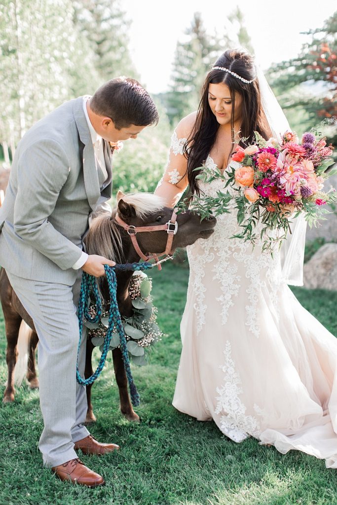 Devon + Billy Mountain Wedding Garden bride and groom with donkey